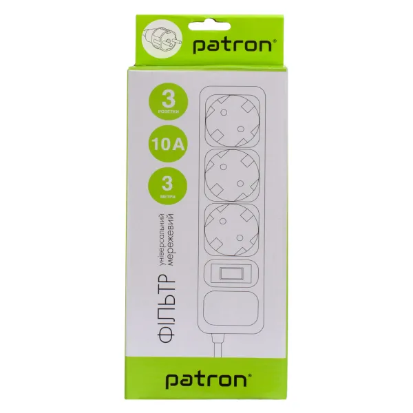 Фильтр сетевой 3 розетки, 3 м, 10 А, 250 В, 3*1мм2, серый Patron (SP-1033-GR) - Фото 2