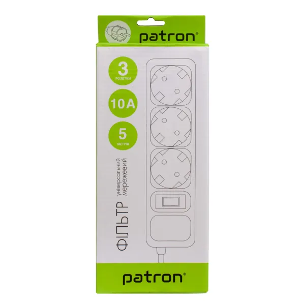 Фільтр мережевий 3 розетки, 5 м, 10 А, 250 В, 3*1мм2, чорний Patron (SP-1035) - Фото 1