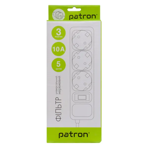 Фільтр мережевий 3 розетки, 5 м, 10 А, 250 В, 3*1мм2, сірий Patron (SP-1035-GR) - Фото 2