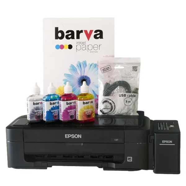 Комплект для печати Printer kit 4в1 Принтер L121 A4 Epson (C11CD76414) + чернила Barva + бумага Barva + кабель - Фото 4