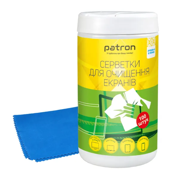 Комплект 2в1: салфетки для очистки экранов, туба 100 шт. Patron (F3-027) + салфетка микрофибра, 20 х 20 см (CS-PN-F4-019) - Фото 4