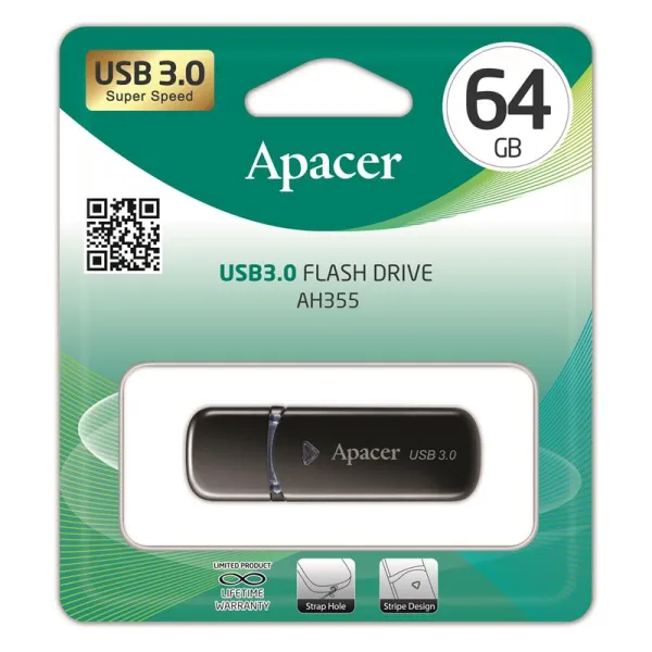 Накопитель USB 3.0 Type-A 64GB AH355 черный Apacer (AP64GAH355B-1) - Фото 3