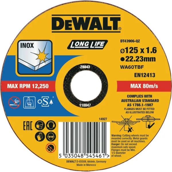 Круг отрезной INOX Long Life 125х1.6х22.23 мм DeWalt (DT43906) - Фото 3