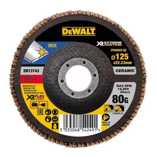 Круг шлифовальный лепестковый INOX XR FlexVolt 125x22.23 мм, G 80 мкм DeWalt (DT99585)