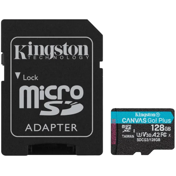 Карта памяти 128GB microSDXC C10 UHS-I U3 A2 R170/W90MB/s + SD адаптер Kingston (SDCG3/128GB) - Фото 1