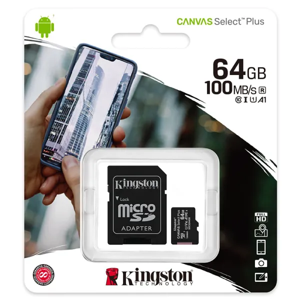 Карта памяти 64GB microSDXC C10 UHS-I R100MB/s + SD Kingston (SDCS2/64GB) - Фото 1