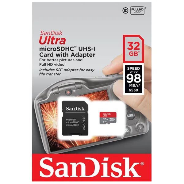 Карта памяти 32GB microSDHC C10 UHS-I R100MB/s Ultra + SD SanDisk (SDSQUNR-032G-GN3MA) - Фото 1