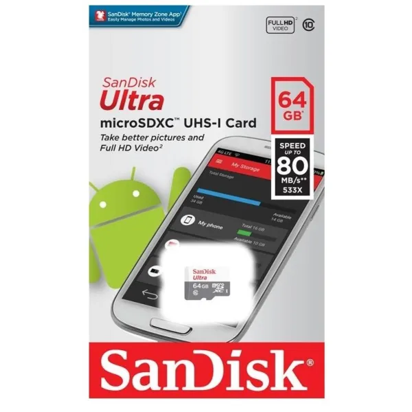 Карта памяти 64GB microSDHC C10 UHS-I R100MB/s Ultra SanDisk (SDSQUNR-064G-GN3MN) - Фото 1
