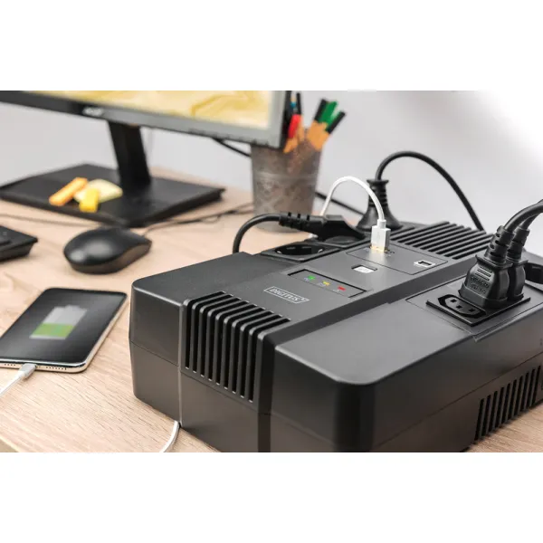 Джерело безперебійного живлення All in One, 800 VA/480W, LED, 4xSchuko/3xC13, RJ45, USB Digitus SCS (DN-170111) - Фото 3