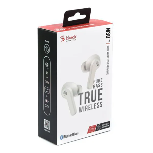 Наушники вакуумные вкладыши, беспроводные A4Tech (M30 Bloody (White)) - Фото 1
