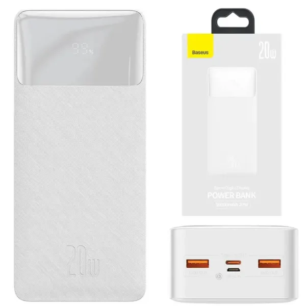 Аккумулятор внешний Power Bank 30000 mAh PD+2xQuick Charge 3.0 20W, белый Baseus (PPDML-N02) - Фото 2