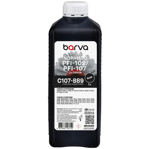 Чернила для Canon PFI-102/PFI-107 BK специальные 1 л, водорастворимые, черные Barva (C107-889) - Фото 1