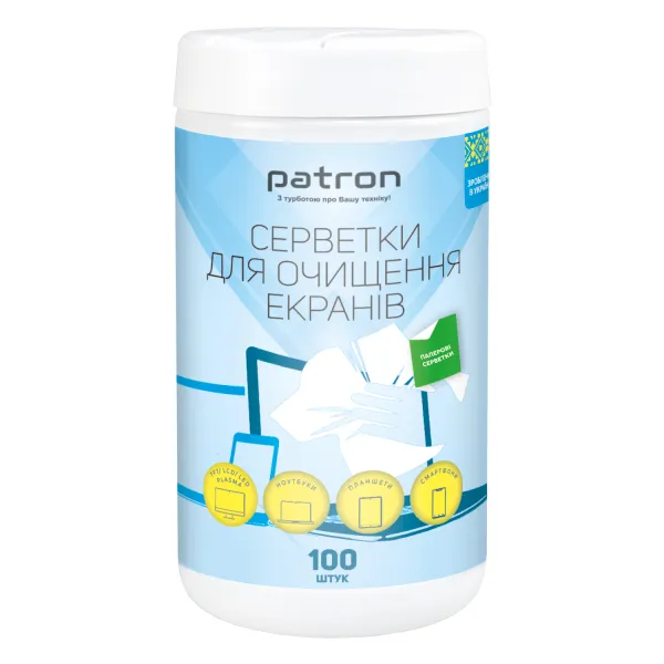 Серветки для очищення екранів паперові, туба 100 шт. Patron (F3-059) - Фото 3