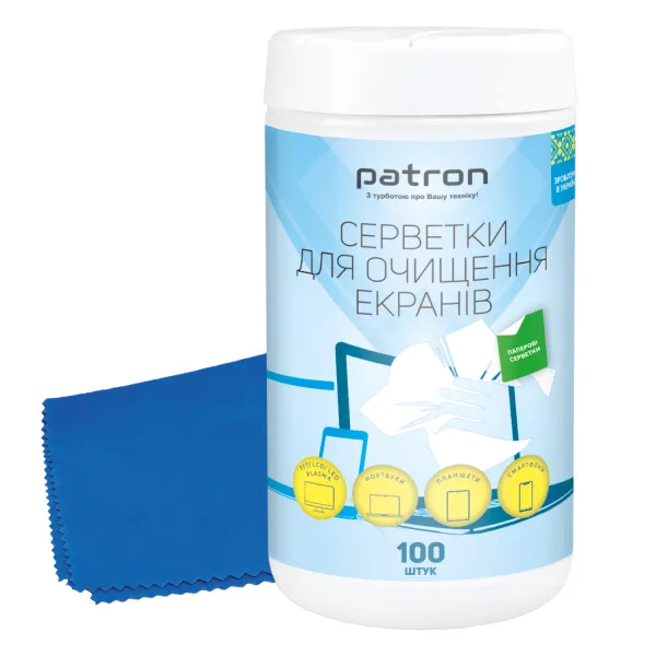 Комплект 2в1: салфетки для очистки экранов бумажные, туба 100 шт. Patron (F3-059) + салфетка микрофибра, 20 х 20 см (CS-PN-F4-019) - Фото 7