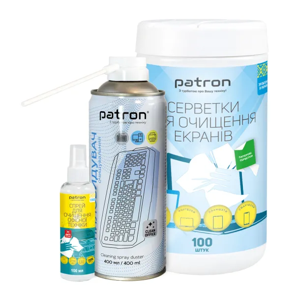 Комплект 3в1: спрей для очистки оргтехники и пластика, 100 мл Patron (F3-009) + салфетки для очистки экранов, туба 100 шт. Patron (F3-059) + сжатый воздух 400 мл Patron (F3-020) - Фото 11