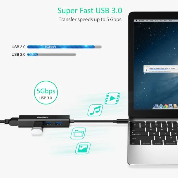 Адаптер 4-в-1 USB-C к RJ45 черный Choetech (HUB-U02-BK) - Фото 2