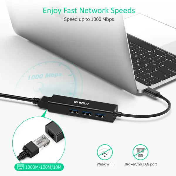 Адаптер 4-в-1 USB-C к RJ45 черный Choetech (HUB-U02-BK) - Фото 4