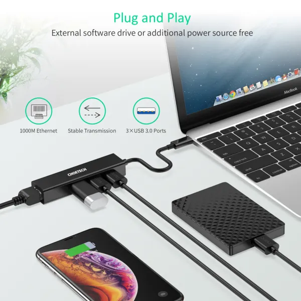 Адаптер 4-в-1 USB-C к RJ45 черный Choetech (HUB-U02-BK) - Фото 5