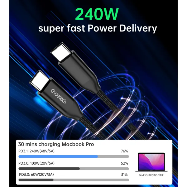 Кабель Type-C - Type-C, PD3.1 240W, 1,2 м черный Choetech (XCC-1035-BK) - Фото 2