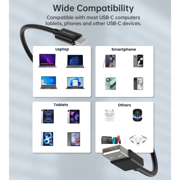 Кабель USB-A 2.0 - Type-C, 3A, 1 м черный Choetech (AC0002) - Фото 2