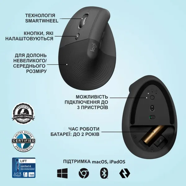Мышь беспроводная WL/BT Lift для левшей Vertical Ergonomic, графитовая Logitech (910-006474) - Фото 5