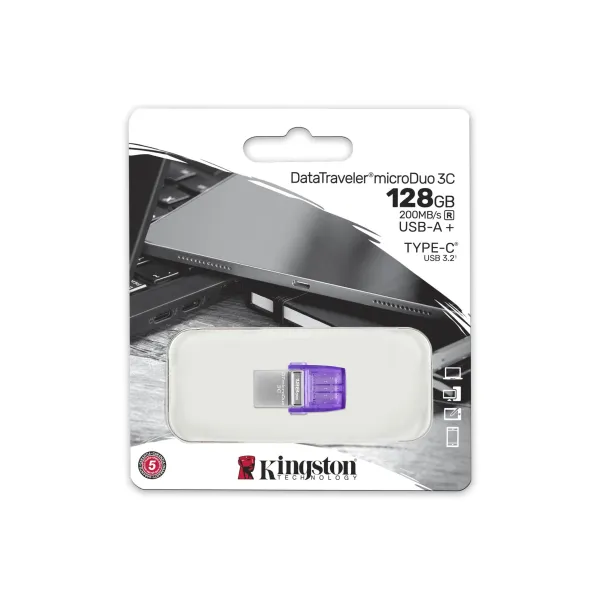 Накопитель USB 3.2 Type-A+ Type-C 128GB Gen1  DT microDuo 3C R200MB/s Kingston (DTDUO3CG3/128GB) - Фото 3