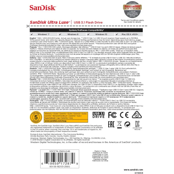 Накопитель  USB 3.1 Type-A 256GB Ultra Luxe серебристый SanDisk (SDCZ74-256G-G46) - Фото 8