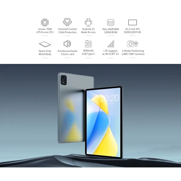 Планшет P40HD 10.1" 8ГБ, 128ГБ, LTE, 6000мА/год, Android, серый Teclast (6940709685266) - Фото 2
