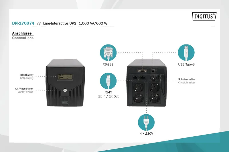 Джерело безперебійного живлення 1000VA/600W Digitus (DN-170074) - Фото 2