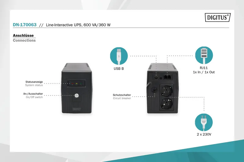 Джерело безперебійного живлення 600VA/360W Digitus (DN-170063) - Фото 3