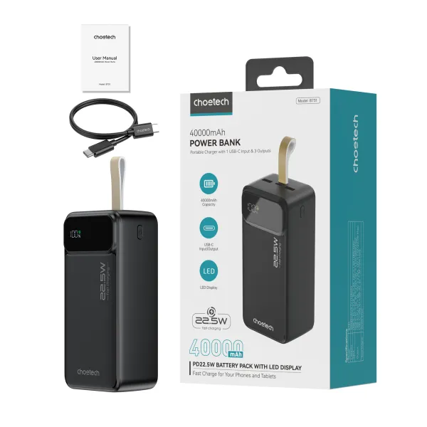 Акумулятор зовнішній Power Bank 40000mAh 22,5W Fast charging з LED дисплеєм Choetech (B731) - Фото 1