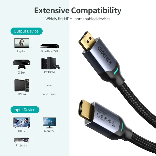Кабель HDMI - HDMI, 8K, нейлон, 2 м черный Choetech (XHH01-BK) - Фото 1