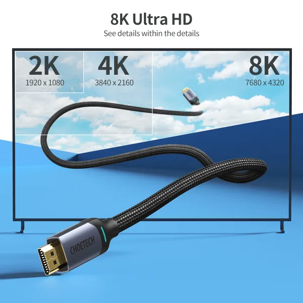 Кабель HDMI - HDMI, 8K, нейлон, 2 м черный Choetech (XHH01-BK) - Фото 6