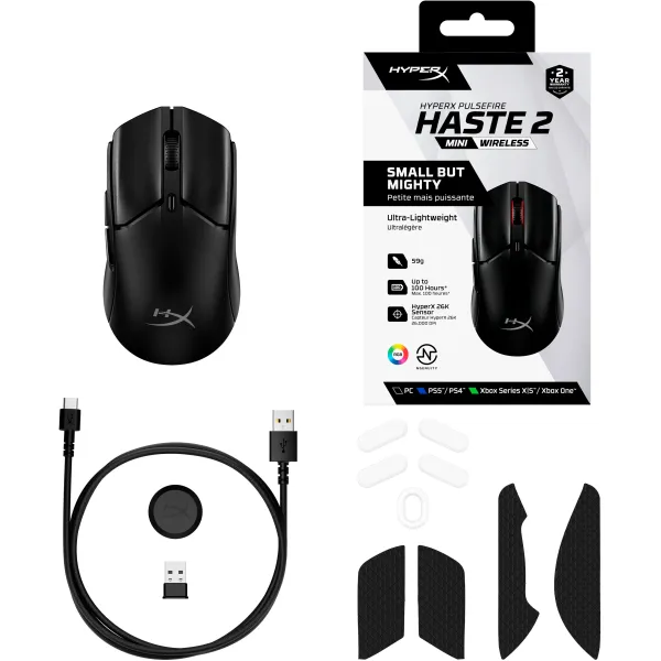 Мышь USB-A/WL/BT RGB Pulsefire Haste 2 mini чёрная HyperX (7D388AA) - Фото 2