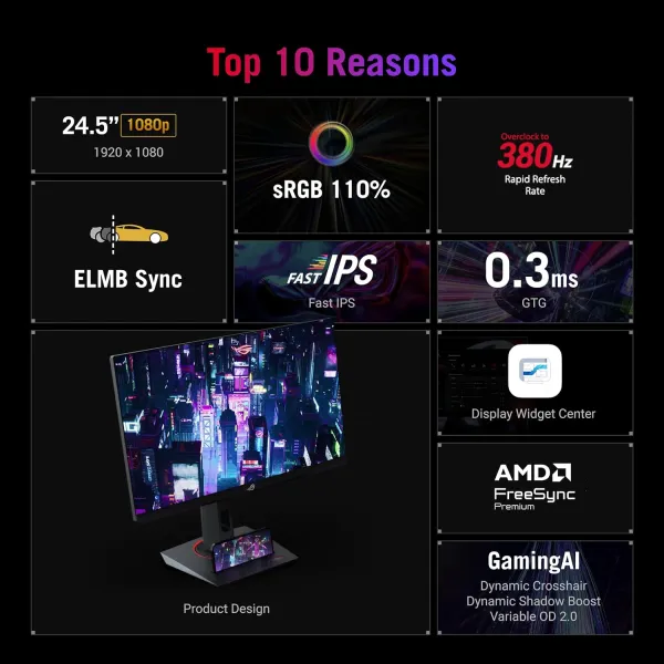 Монітор 24.5" ROG Strix XG259QNS 2xHDMI, DP, 2xUSB, Audio, IPS, 380Hz, 0.3ms, sRGB 110%, AdaptiveSync, Pivot, HDR400 Asus (90LM09M0-B01370) - Фото 8