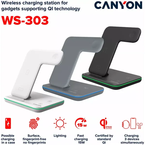 Устройство зарядное беспроводное 3-в-1 QI WS-303 темно-серое Canyon (CNS-WCS303DG) - Фото 9