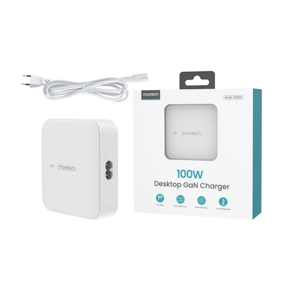 Устройство зарядное сетевое настольное GaN USB 2A+2C белое Choetech (PD8008-EU-WH) - Фото 1