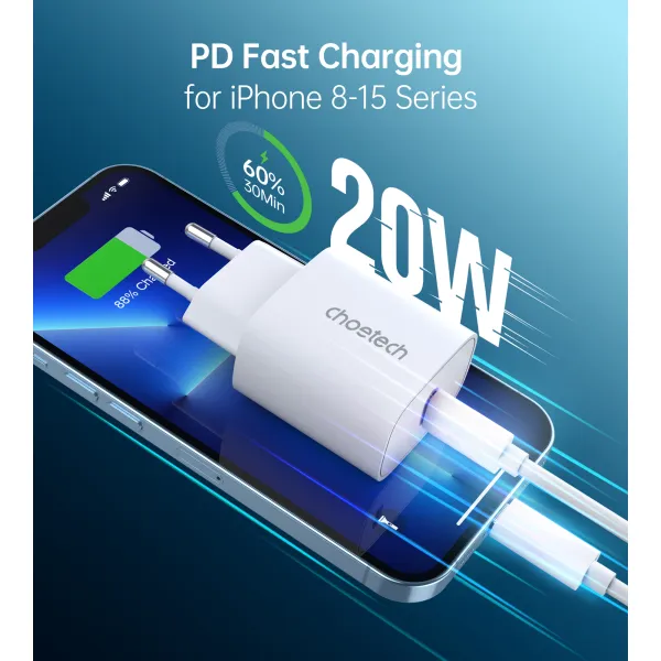 Пристрій зарядний мережевий PD20W USB-C білий Choetech (Q5004-EU-WH) - Фото 1