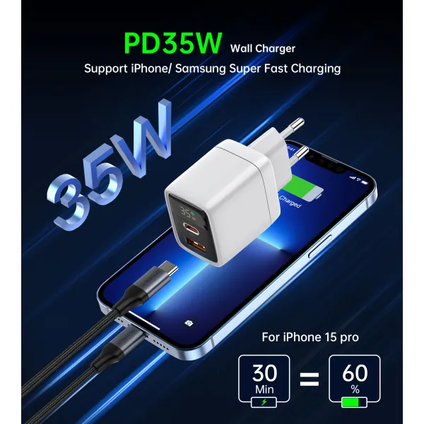 Пристрій зарядний мережевий PD35W USB 1A+1C з дисплеєм білий Choetech (PD6052-EU-WH) - Фото 6