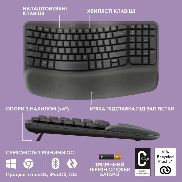 Клавиатура беспроводная Wave Keys ergonomic, графитовая Logitech (920-012304) - Фото 2