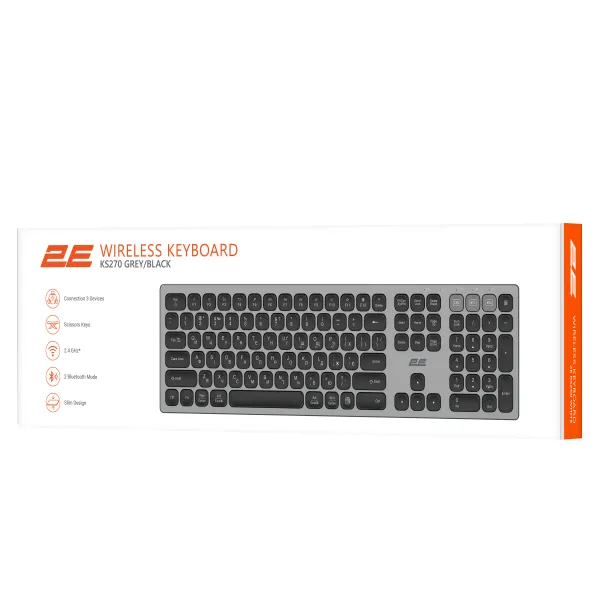 Клавиатура беспроводная WL/BT ножничная KS270, EN/UK, серо-чёрная 2E (2E-KS270WBGR_UA) - Фото 1