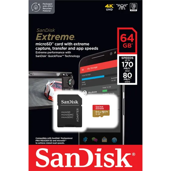 Карта памяти 64GB microSD C10 UHS-I U3 R170/W80MB/s Extreme V30 + SD SanDisk (SDSQXAH-064G-GN6MA) - Фото 1