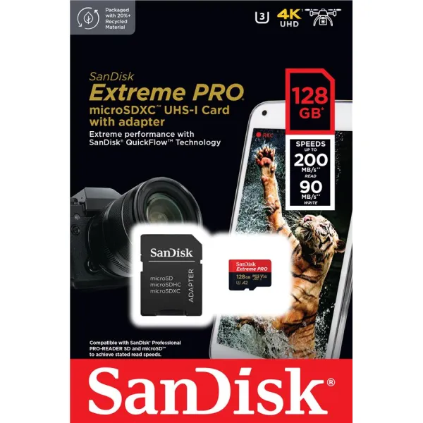Карта памяти 128GB microSD C10 UHS-I U3 R200/W90MB/s Extreme Pro V30 + SD SanDisk (SDSQXCD-128G-GN6MA) - Фото 1
