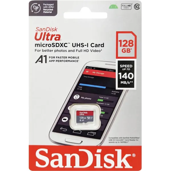 Карта памяти 128GB microSD C10 UHS-I R140MB/s Ultra SanDisk (SDSQUAB-128G-GN6MN) - Фото 1