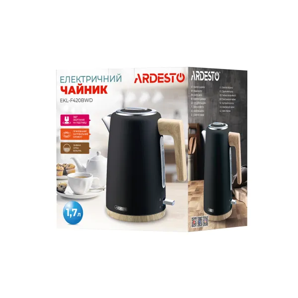 Электрочайник  Ardesto EKL-F420BWD, 1.7л, металл, мат, Strix, черный - Фото 3