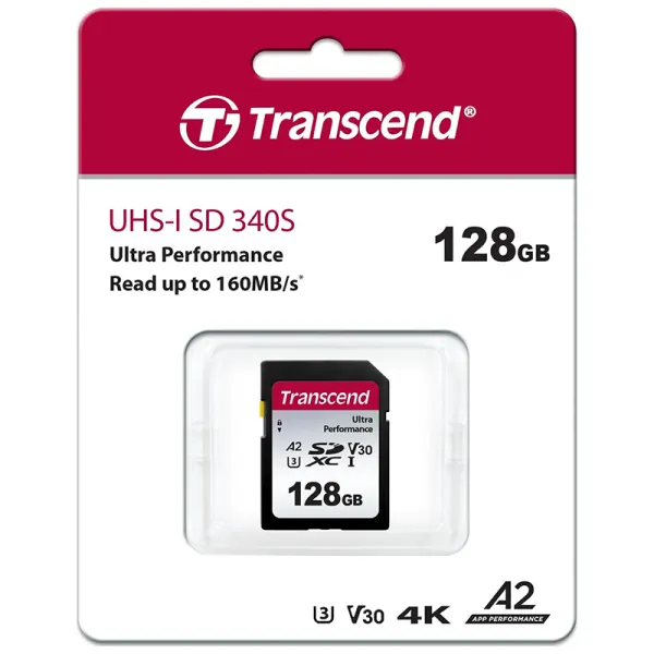 Карта памяти 128GB SD C10 UHS-I U3 A2 R160/W90MB/s 4K Transcend (TS128GSDC340S) - Фото 1
