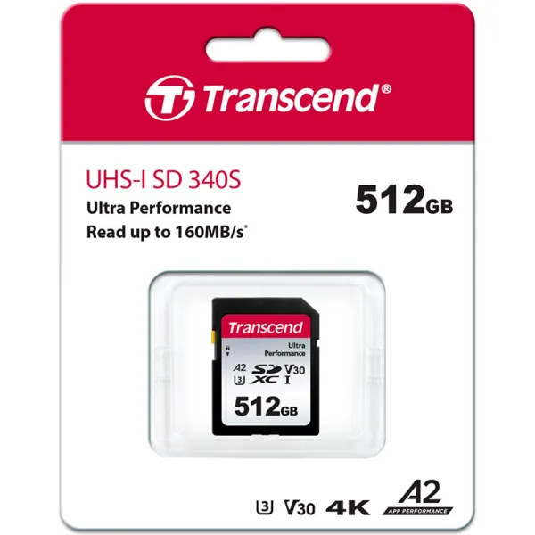 Карта памяти 512GB SD C10 UHS-I U3 A2 R160/W90MB/s 4K Transcend (TS512GSDC340S) - Фото 1