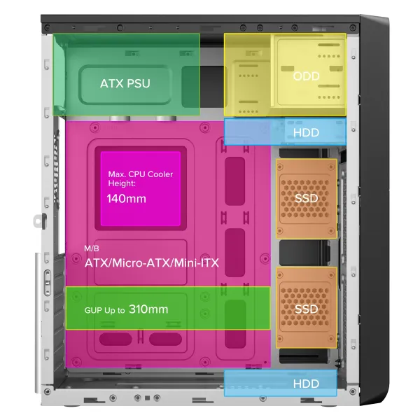 Корпус TeamX TMX01 с БП 2E ATX400W, 2xUSB2.0, 1x80мм, VGA 310мм, ATX, чёрный 2E (2E-TMX01) - Фото 12