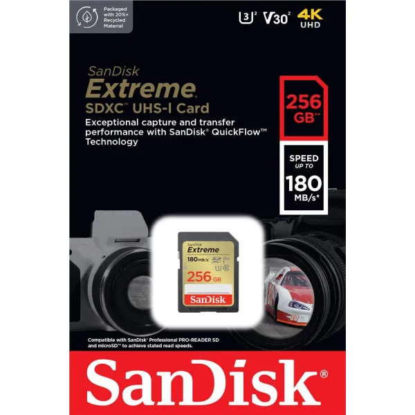 Карта памяти 256GB SD C10 UHS-I U3 R180/W130MB/s Extreme V30 SanDisk (SDSDXVV-256G-GNCIN) - Фото 3
