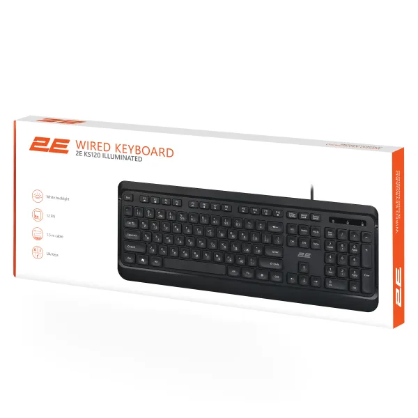 Клавиатура USB-A мембранная KS120, EN/UK, White LED, чёрная 2E (2E-KS120UB_UA) - Фото 13